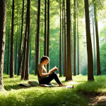 **Prompt:** A person peacefully reading a book amidst tall green trees in a sun-dappled forest, evoking a sense of calm and digital detox. Focus on natural light and serene atmosphere.