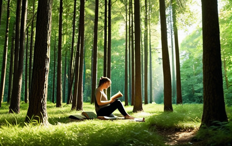 **Prompt:** A person peacefully reading a book amidst tall green trees in a sun-dappled forest, evoking a sense of calm and digital detox. Focus on natural light and serene atmosphere.